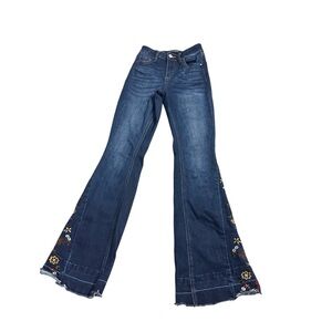 Ashley Mason Floral Embroidery Raw Hem Flare Dark Wash Denim Jeans Sz 00 23x32